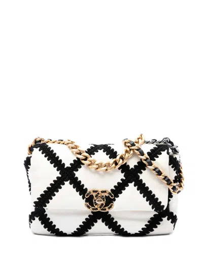Pre-owned Chanel 2020 Medium Crochet Calfskin 19 Flap Satchel In White