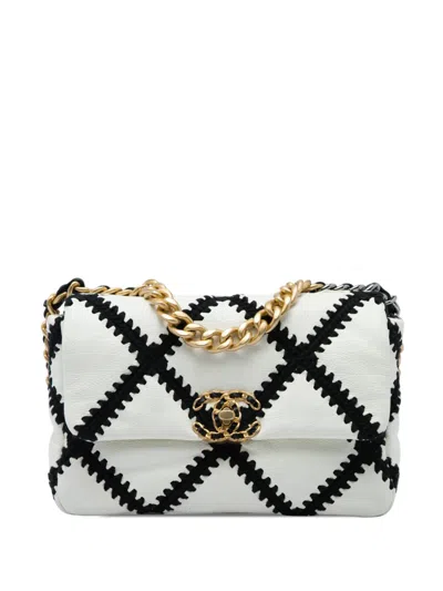 Pre-owned Chanel 2020 Medium Crochet Calfskin 19 Flap Satchel In White