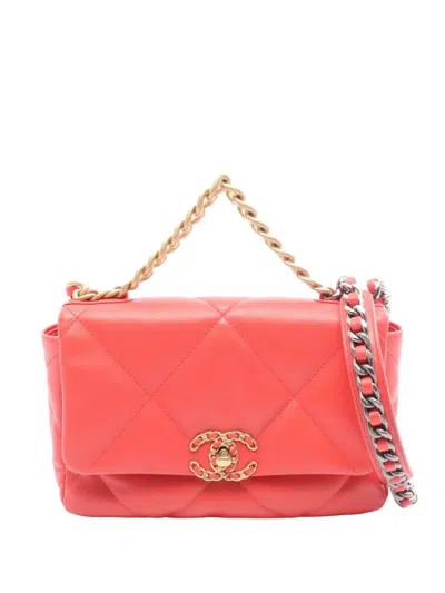 Pre-owned Chanel 2020 Medium Lambskin 19 Flap Satchel In Red