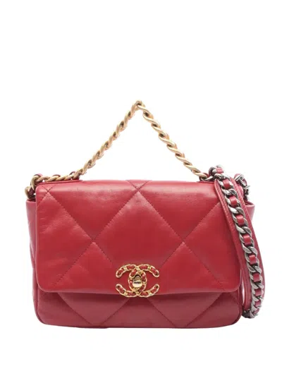 Pre-owned Chanel 2020 Medium Lambskin 19 Flap Satchel In Red