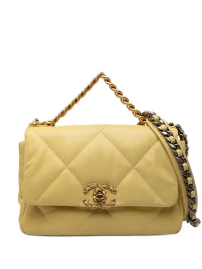 Pre-owned Chanel 2020 Medium Lambskin 19 Flap Satchel In Yellow