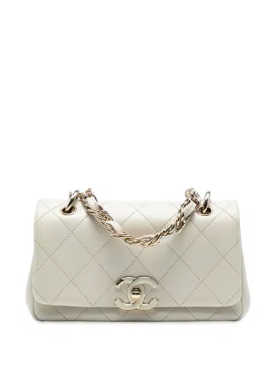 Pre-owned Chanel 2020 Medium Lambskin Twist Chain Enamel Cc Flap Crossbody Bag In White