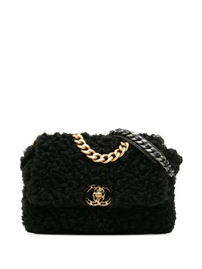 Pre-owned Chanel 2020 Medium Shearling 19 Flap Satchel In Black