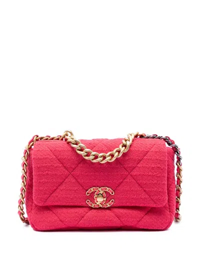 Pre-owned Chanel 2020 Medium Tweed 19 Flap Satchel In Pink