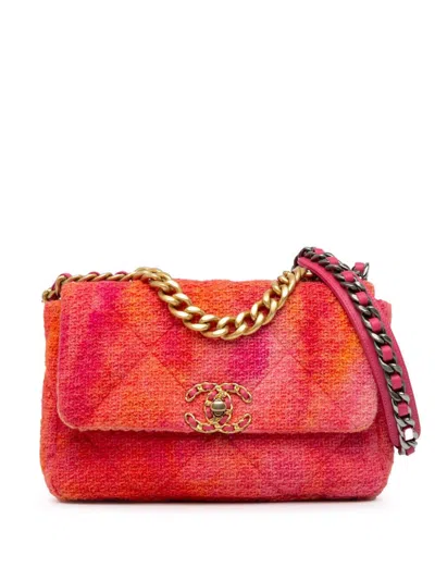 Pre-owned Chanel 2020 Medium Tweed 19 Flap Satchel In Pink
