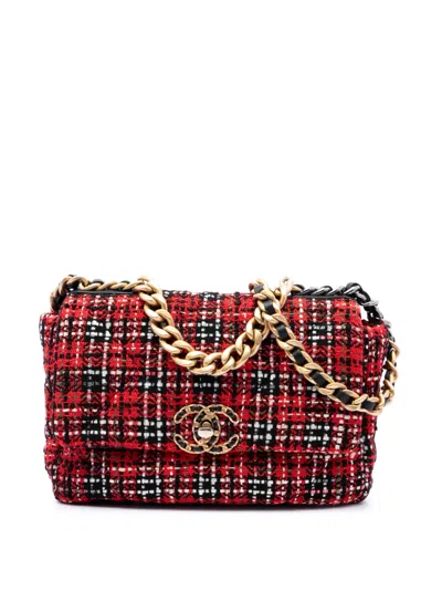 Pre-owned Chanel 2020 Medium Tweed 19 Flap Satchel In Red