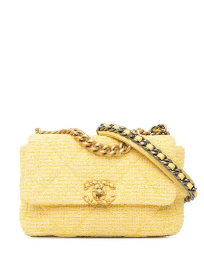 Pre-owned Chanel 2020 Medium Tweed 19 Flap Satchel In Yellow