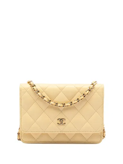 Pre-owned Chanel 2020 Mini Cc Lambskin Wallet On Chain Crossbody Bag In Yellow