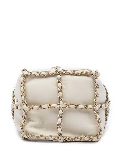 Pre-owned Chanel 2020 Mini Lambskin Cc Chain Frame Drawstring Bucket Bag In White