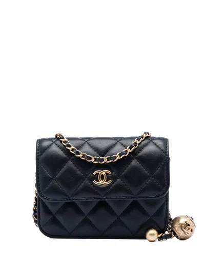 Pre-owned Chanel 2020 Mini Lambskin Pearl Crush Clutch With Chain Crossbody Bag In Black