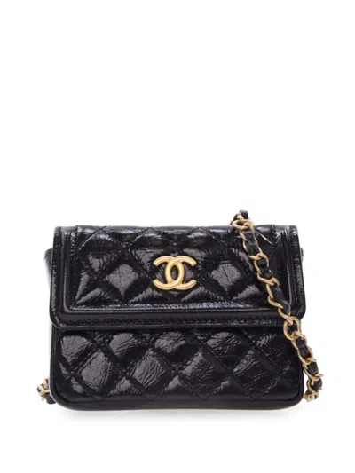 Pre-owned Chanel 2020 Mini Quilted Aged Calfskin Card Holder On Chain Belt Bag In Black
