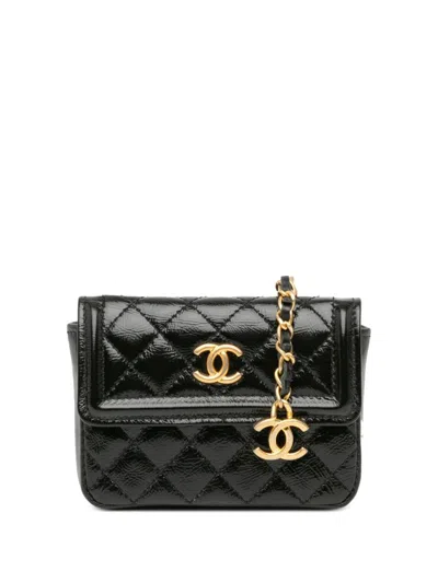 Pre-owned Chanel 2020 Mini Quilted Aged Calfskin Card Holder On Chain Belt Bag In Black