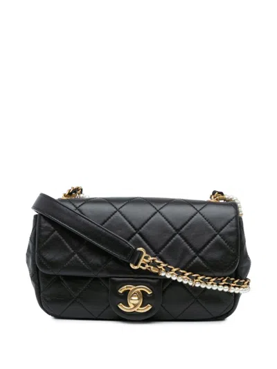 Pre-owned Chanel 2020 Mini Quilted Calfskin Crystal Pearls Chain Flap Crossbody Bag In Black