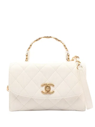 Pre-owned Chanel 2020 Mini Quilted Crumpled Lambskin Cc Links Top Handle Flap Satchel In White