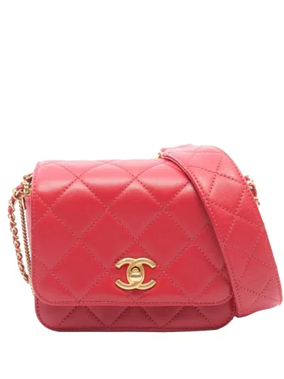 Pre-owned Chanel 2020 Mini Quilted Lambskin Cambon Chains Flap Shoulder Bag In Red