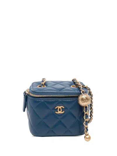 Pre-owned Chanel 2020 Mini Quilted Lambskin Pearl Crush Vanity Case With Chain Crossbody Bag In Blue