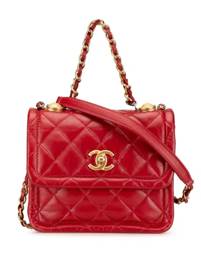 Pre-owned Chanel 2020 Mini Quilted Lambskin Soft Square Flap Satchel In Red