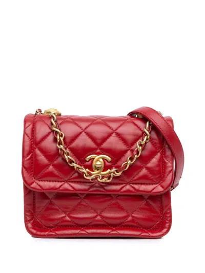 Pre-owned Chanel 2020 Mini Quilted Lambskin Soft Square Flap Satchel In Red