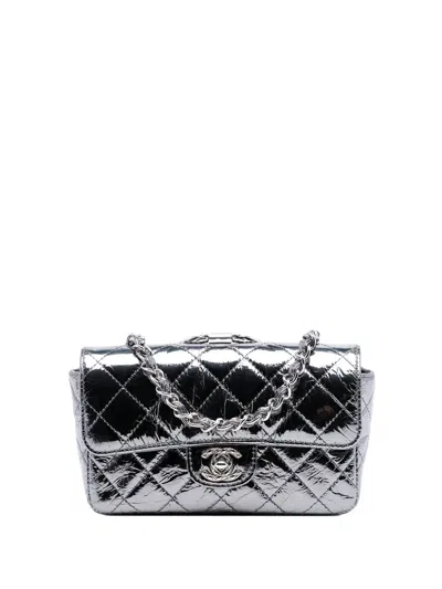 Pre-owned Chanel 2020 Mini Quilted Metallic Calfskin Ring Top Handle Flap Satchel In Silver