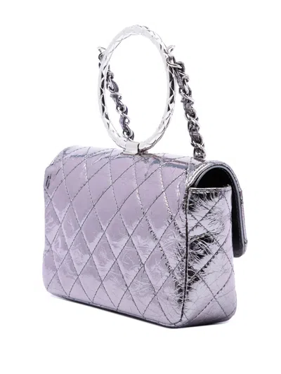 Pre-owned Chanel 2020 Mini Quilted Metallic Calfskin Ring Top Handle Flap Satchel In Silver
