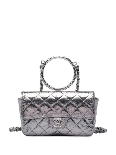 Pre-owned Chanel 2020 Mini Quilted Metallic Crumpled Calfskin Ring Top Handle Flap Satchel In Silver