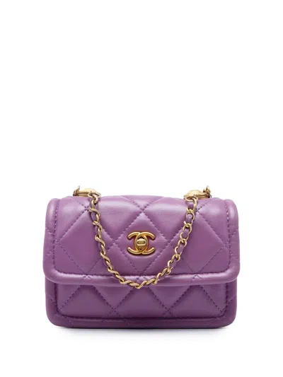Pre-owned Chanel 2020 Mini Quilted Shiny Lambskin Button On Top Flap Satchel In Purple
