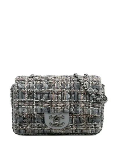 Pre-owned Chanel 2020 Mini Quilted Tweed River Of Pearls Flap Shoulder Bag In Gray