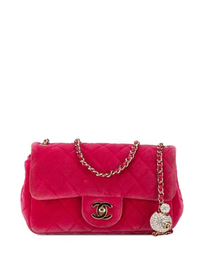 Pre-owned Chanel 2020 Mini Quilted Velvet Pearl Crush Single Flap Crossbody Bag In Pink
