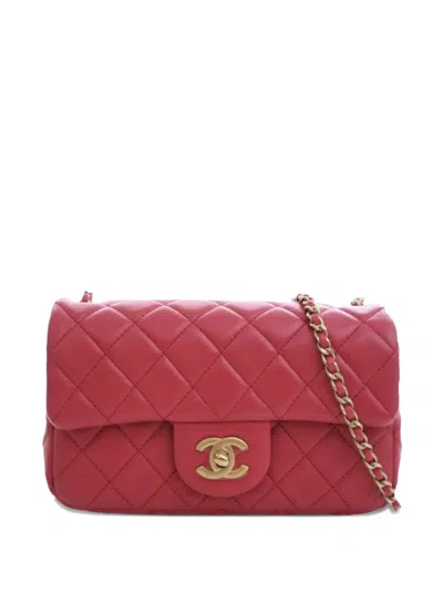 Pre-owned Chanel 2020 Mini Rectangular Classic Lambskin Pearl Crush Single Flap Crossbody Bag In Pink