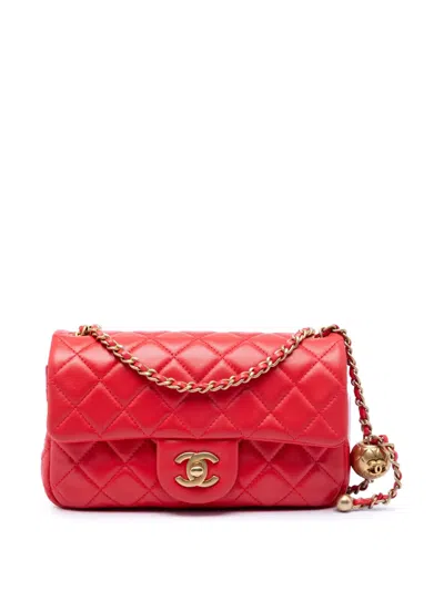 Pre-owned Chanel 2020 Mini Rectangular Classic Lambskin Pearl Crush Single Flap Crossbody Bag In Red