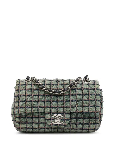 Pre-owned Chanel 2020 Mini Rectangular Classic Tweed Flap Crossbody Bag In Blue