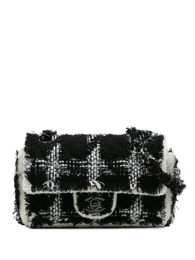Pre-owned Chanel 2020 Mini Rectangular Classic Tweed Tartan Single Flap Crossbody Bag In Black