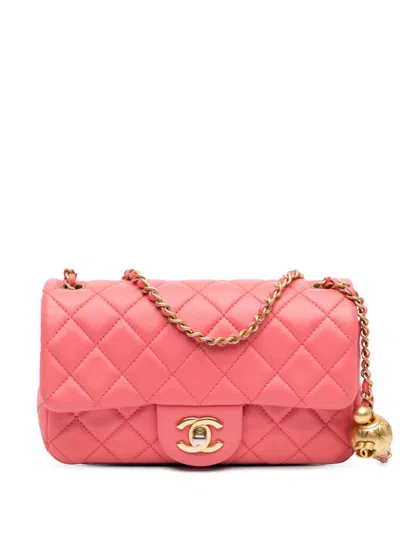 Pre-owned Chanel 2020 Mini Rectangular Lambskin Pearl Crush Flap Crossbody Bag In Pink