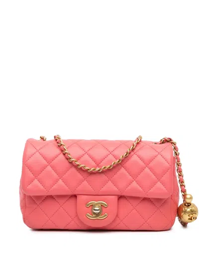 Pre-owned Chanel 2020 Mini Rectangular Lambskin Pearl Crush Flap Crossbody Bag In Pink