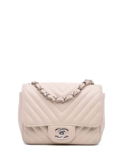 Pre-owned Chanel 2020 Mini Square Classic Chevron Lambskin Single Flap Crossbody Bag In White