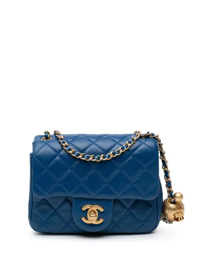 Pre-owned Chanel 2020 Mini Square Classic Lambskin Pearl Crush Single Flap Crossbody Bag In Blue