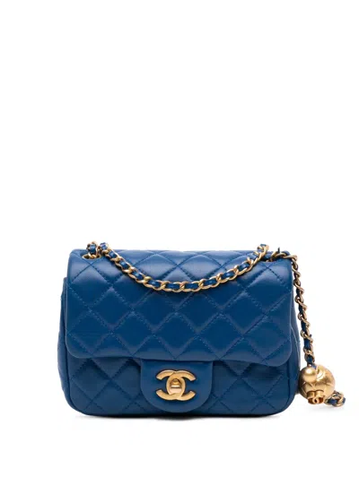 Pre-owned Chanel 2020 Mini Square Classic Lambskin Pearl Crush Single Flap Crossbody Bag In Blue