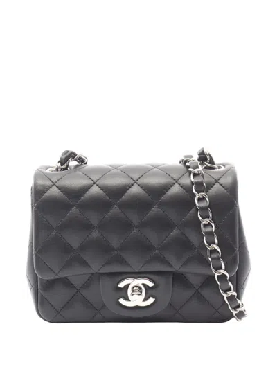 Pre-owned Chanel 2020 Mini Square Classic Lambskin Single Flap Crossbody Bag In Black