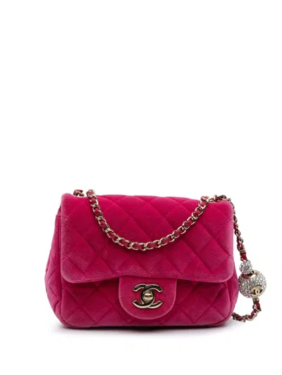 Pre-owned Chanel 2020 Mini Square Classic Velvet Pearl Crush Single Flap Crossbody Bag In Pink