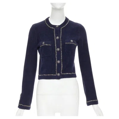 Pre-owned Chanel 2020 Navy Cotton Terry Leather Chain Trim Cropped Cardigan Jacket Fr34 In Blue