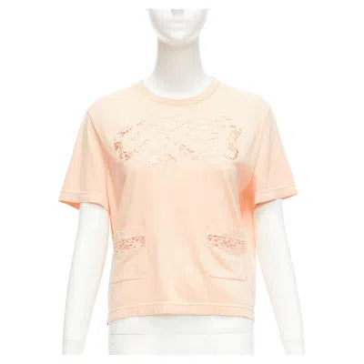 Pre-owned Chanel 2020 Peach Pink Macrame Hollow Logo Cropped Pocketed Tshirt Fr38 M