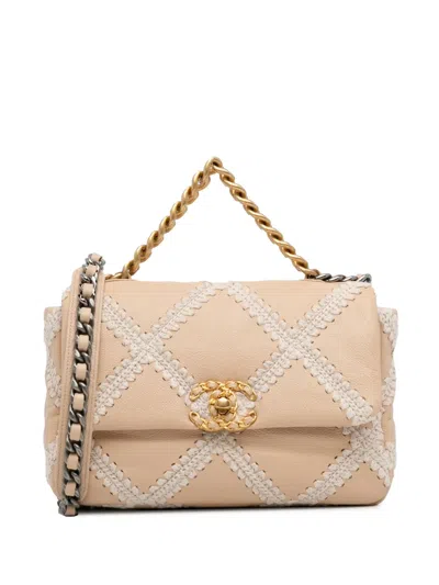 Pre-owned Chanel 2020   Medium Crochet And Calfskin 19 Flap Bag Satchel In Brown
