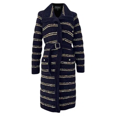 Pre-owned Chanel 2020 Pre-fall Velvety Deep Blue Relaxed Jacket With Cc Belt 36 Fr