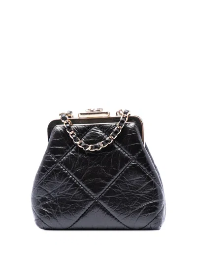 Pre-owned Chanel 2020 Quilted Aged Lambskin Kiss Lock Clutch With Chain Crossbody Bag In Black