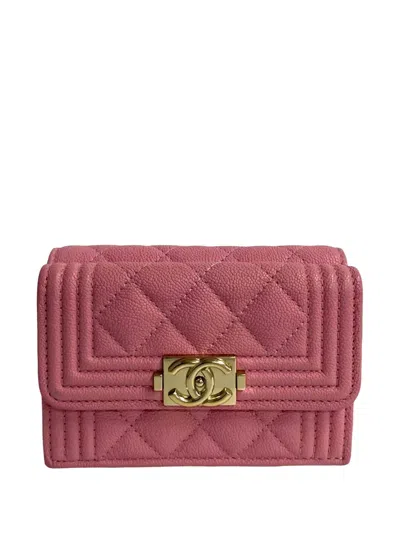 Pre-owned Chanel 2020 Quilted Caviar Boy Flap Compact Wallet Small Wallets In Pink