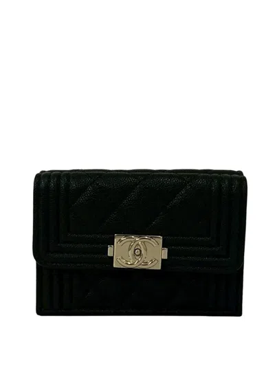 Pre-owned Chanel 2020 Quilted Caviar Boy Trifold Wallet Small Wallets In Black