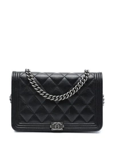 Pre-owned Chanel 2020 Quilted Caviar Boy Wallet On Chain Crossbody Bag In Black