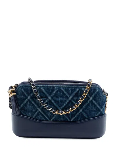 Pre-owned Chanel 2020 Quilted Denim Gabrielle Double Zip Clutch With Chain Crossbody Bag In Blue