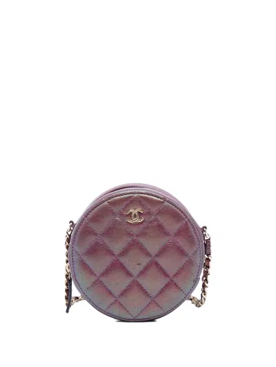 Pre-owned Chanel 2020 Quilted Iridescent Lambskin Round Clutch With Chain Crossbody Bag In Purple