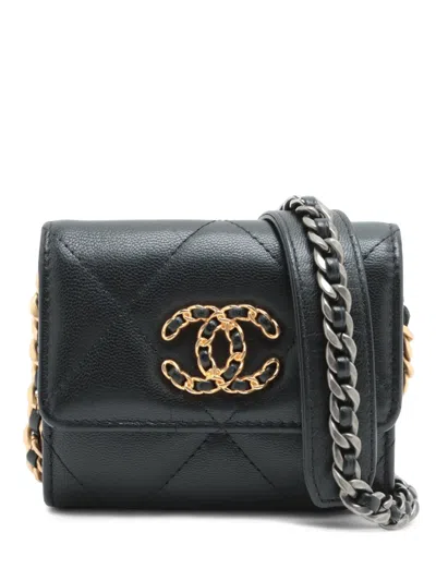 Pre-owned Chanel 2020 Quilted Lambskin 19 Flap Coin Purse With Chain Crossbody Bag In Black